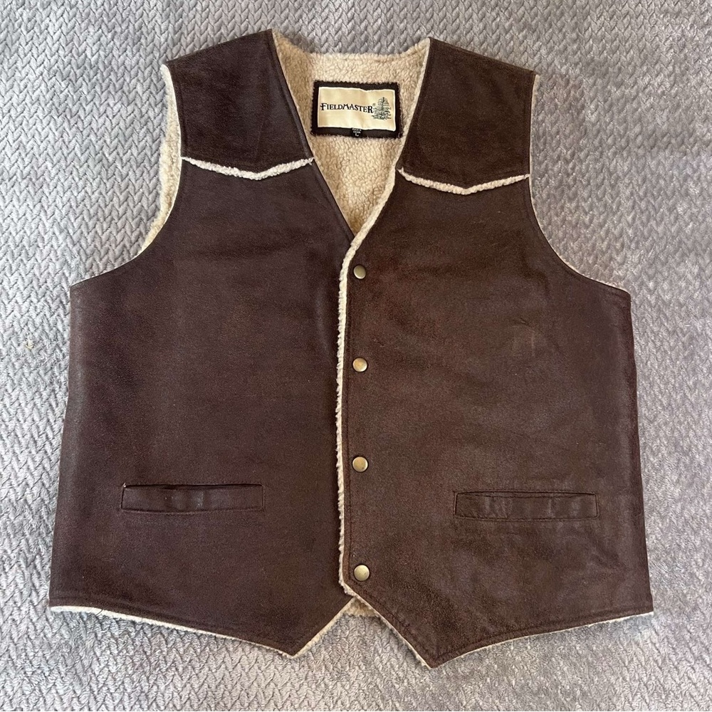 Men’s FieldMaster Western Brown 100% Leather Sherpa Lined Vest Size Large